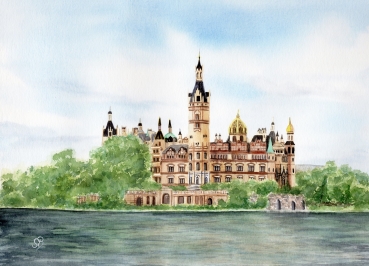 Postkarte DIN-A6 Aquarell Maritim Kunst Druck Kunstdruck Ostsee Schweriner Schloss  - Schlossgarten Ansicht - SCH2
